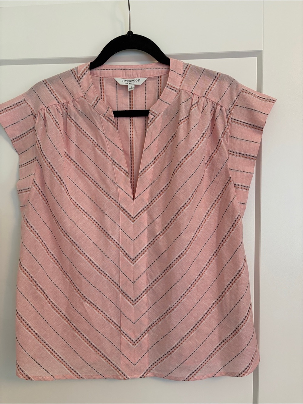 Liverpool Pink Striped Split V-Neck Sleeveless Top